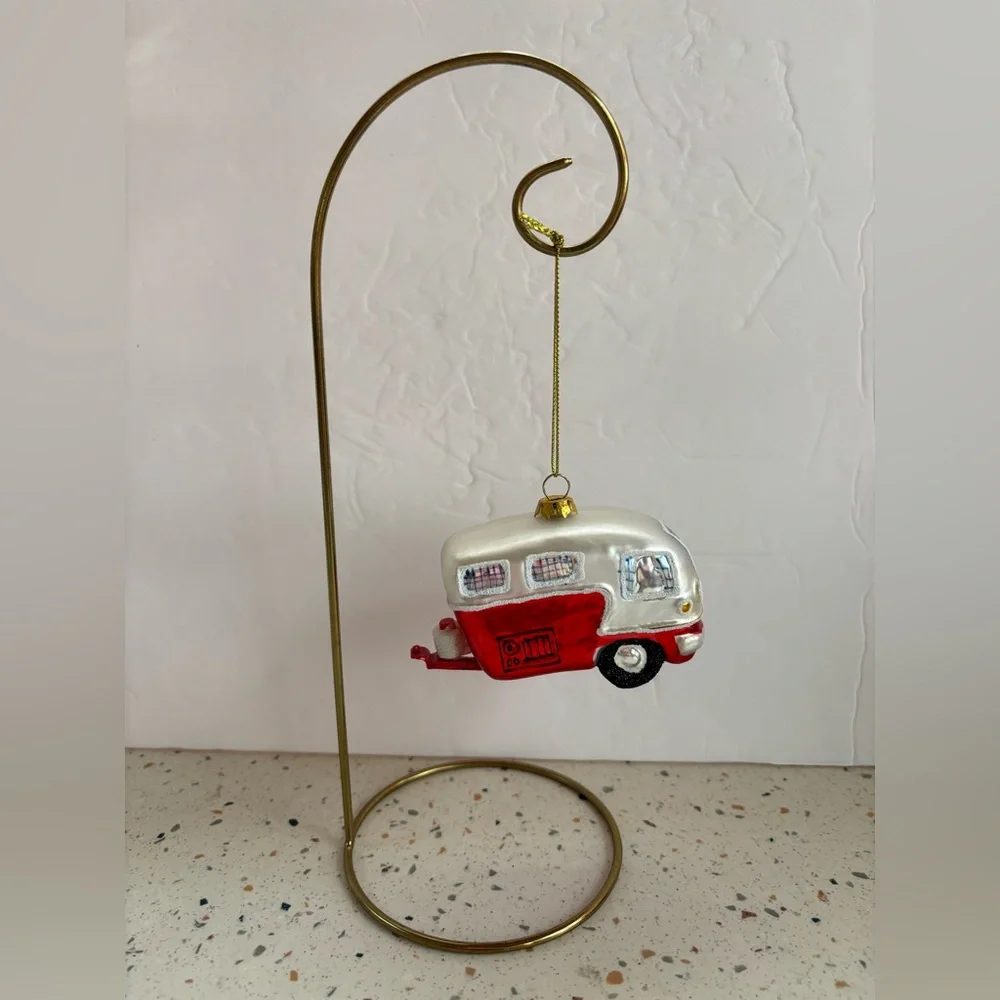 Festive Red and White Vintage Travel Trailer Camper‎ Glass Ornament